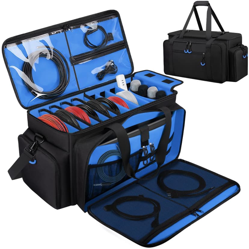 Wigojoy Large Dj Cable Bag with Laptop and Microphone Pocket, Dj Bag for Equipment and Music Accessories with Detachable Dividers, Bottom Pad, Dj Gig Bags for Musicians, Professional, Travel, Blue