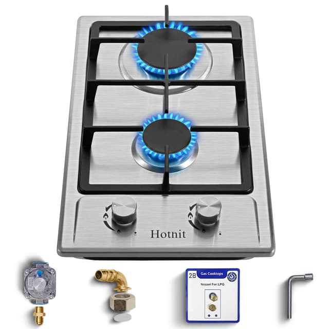 Hothit 2 Burner Propane Gas Cooktop, 12" Inch LPG/NG Dual Fuel Built-in Gas Stove Top, Stainless Steel Electronic Ignition Gas Hob for Apartment, Outdoor, RVs(L12"×W20")…