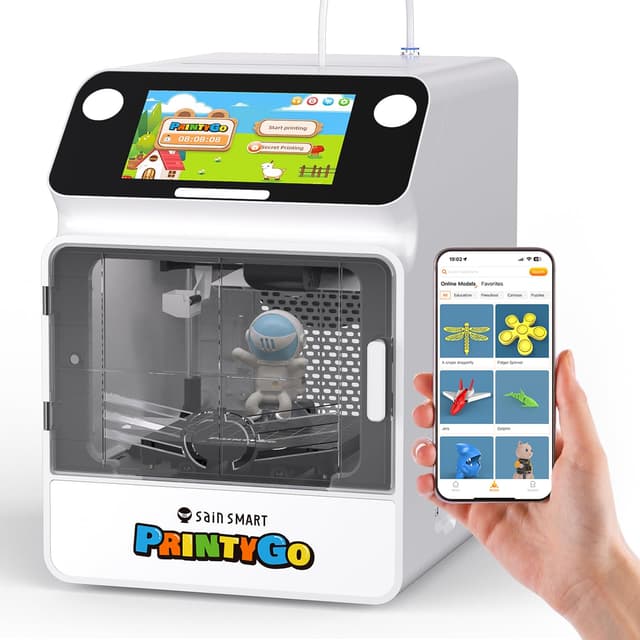 SainSmart PrintyGo Mini 3D Printer for Kids, 600mm/s Auto Leveling Printer for Beginners with 5" Touch Screen, 1500+ Models, Child-Safe Design, Wi-Fi/App Control, Pre-Assembled for STEM Learning Gift