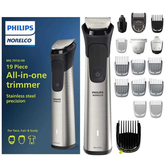 Norelco Philips Multigroom 7000 Series, All-in-One Trimmer, Beard Trimmer and Hair Clipper, 19-Piece Men's Grooming Kit for Beard, Head, Hair, Body, and Face, Soft Pouch, MG7910/49