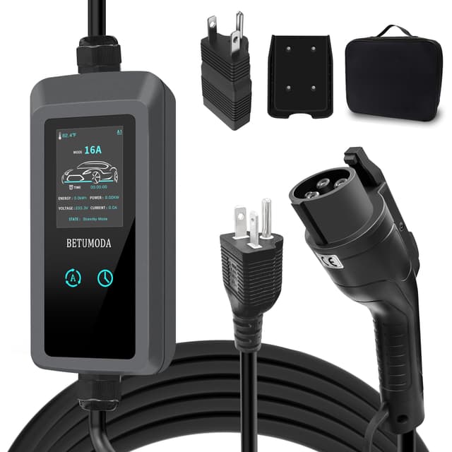 BETUMODA Level 1&2 EV Charger 2026 Upgraded, 110V–240V, 8-16Amp Adjustable Current & Timer, NEMA 5-15 & 6-20 Plug, 25Ft EV Charging Cable, SAE J1772 Compatible for All PHEV/EV(Tesla Requires Adapter)