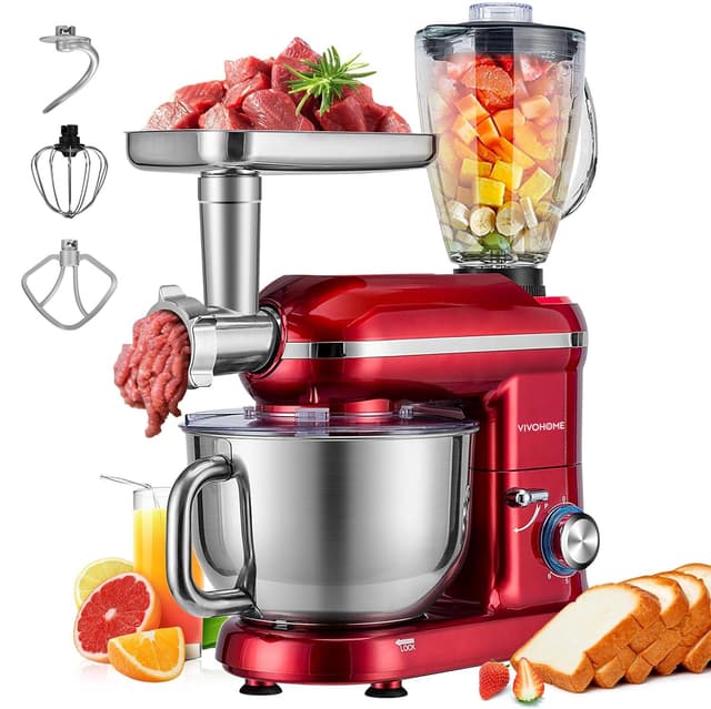 VIVOHOME 3-in-1 Stand Mixer, 6 Quart Electric Tilt-Head Kitchen Mixer with Bowl, Multifunctional Food Mixer with Meat Grinder and Blender Attachments, Dough Hook, Beater, and Whisk, Red