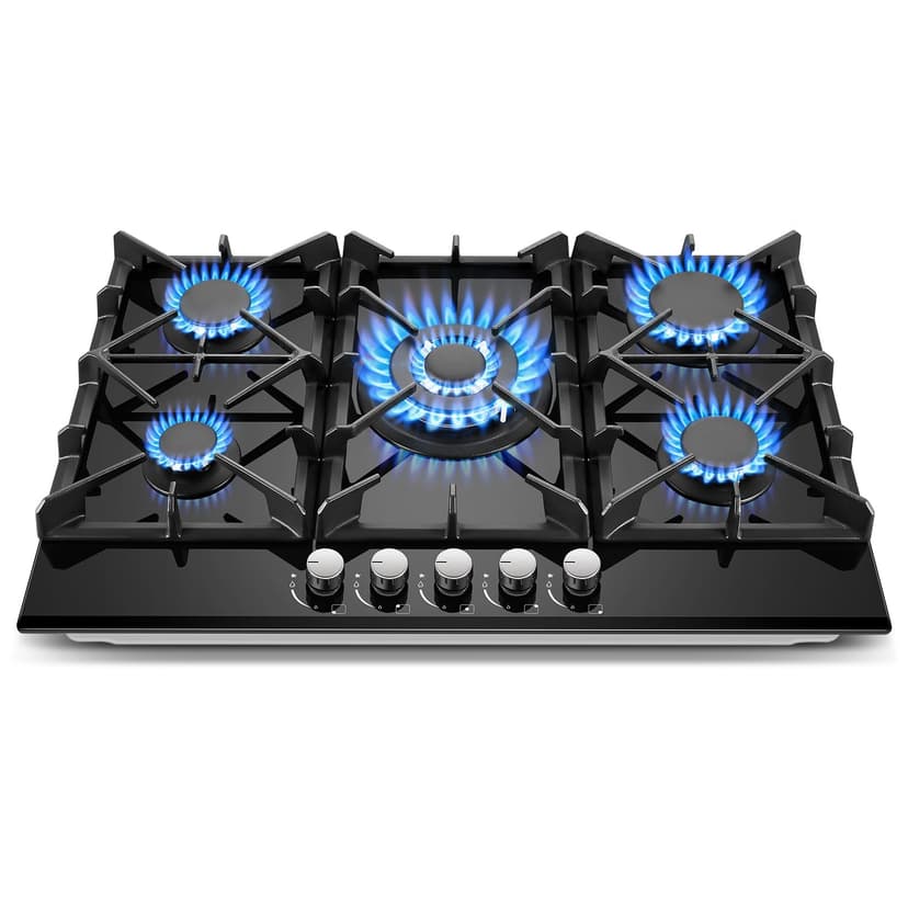 Gas Cooktop 30 Inch, Amzgachfktch 5 Burners Propane Stove, Built-in NG/LPG Convertible Gas Stove Top, Black Tempered Glass Propane Cooktop with Thermocouple Protection
