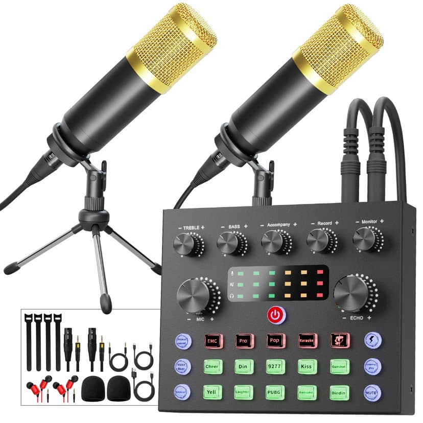 Podcast Equipment Bundle For 2,Audio Interface with Studio Condenser Microphone, Voice Change, Perfect for Streaming, Podcast Recording, Gaming, DJ