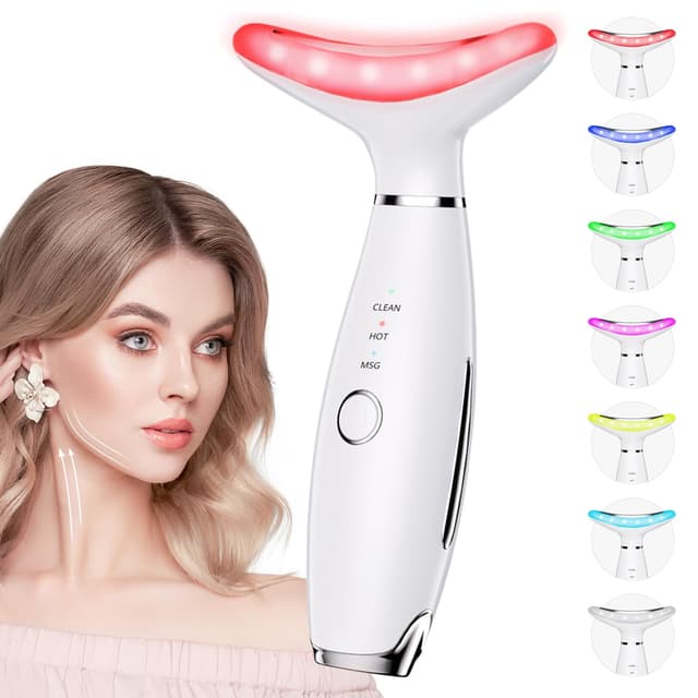 Dopsikn 7 Color Galvanic Machines - Red Light Therapy for Face and Neck, Face Massager Tool for Wrinkles, Double Chin, Vibrating Facial Massager with Thermals, White