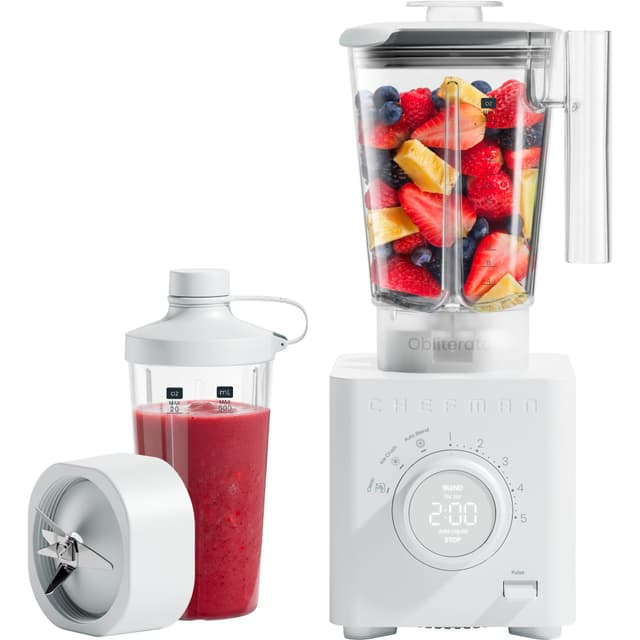 Chefman Obliterator 48 oz Countertop Blender for Smoothies, 1380W Motor to Crush Ice, Nuts, and Frozen Fruit with Stainless Steel Blade, Auto Blend Function, Includes 20 oz Travel Jar