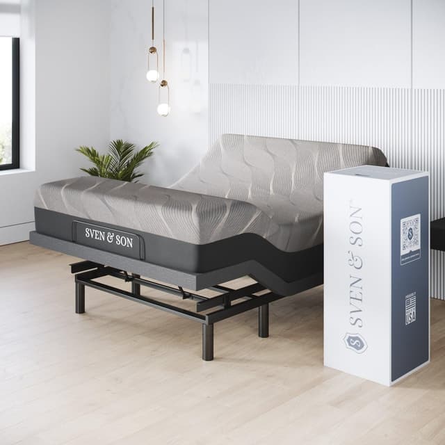 Sven & Son Harmony Adjustable Bed Base, Head and Foot Lift, Massage, Under-Bed Lights, USB, Gel Memory, Zero Gravity Smart Frame - Full + 14 inch Hybrid Spring Matt (Medium Soft)