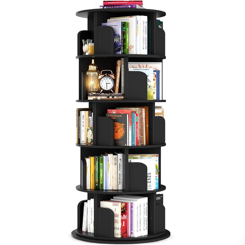 Besiost Rotating Bookshelf Tower, 5 Tier Spinning Bookcase, Revolving 360 Book Shelf Narrow Tall Bookcase, Vertical Turning Round Bookshelf Organizer, Wood Corner Book Shelf for Small Space, Black