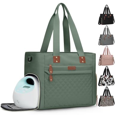 Pritent Diaper Bag Tote for Working Mom, Large Travel Diaper Tote for Mom and Dad with 14 Inch Laptop Sleeve, Mommy Maternity Travel Baby Bag for Boys and Girls, Green