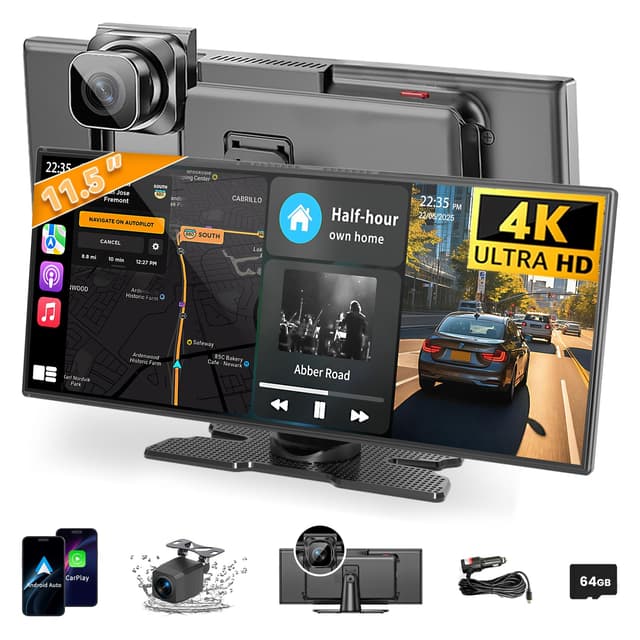 Largest 11.5 inch Wireless CarPlay Screen for Car, A-pple CarPlay & Android Auto HD Touchscreen with 4K Dash Cam/1080P Backup Camera/Navigation/Bluetooth/Voice Control/FM/Mirror Link,for All Vehicles
