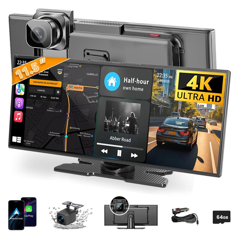 Largest 11.5 inch Wireless CarPlay Screen for Car, A-pple CarPlay & Android Auto HD Touchscreen with 4K Dash Cam/1080P Backup Camera/Navigation/Bluetooth/Voice Control/FM/Mirror Link,for All Vehicles