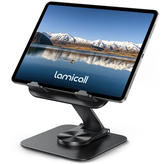 Lamicall Adjustable iPad Stand for Desk - [Ultra-Slim Foldable][360°Rotation] Tablet Stand with Heavy-Duty Base, Tablet Holder Gifts for 4.7-13" Devices, 2025 iPad Pro Air Mini, Kindle, iPhone 17 Pro