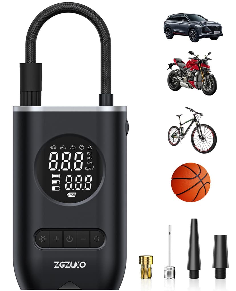 Tire Inflator Portable Air Compressor - ZGZUXO 150PSI Cordless Air Pump for Car Tires with Pressure Gauge LED Light, Electric Bike Tire Pump for Car Motorcycle Bicycle Ball, Auto Shut-Off