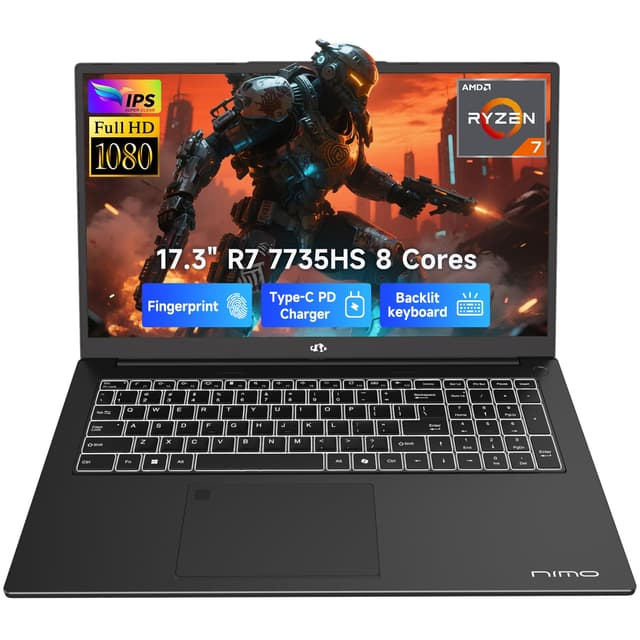 NIMO 2026 Gaming Laptop, 17.3" FHD IPS Large Screen, AMD R7 7735HS (Up to 4.75 GHz, Beat i7-12650H) Computer with 16GB DDR5 RAM 256GB SSD, 180° Vewing, Radeon 680M, Dual Fans, for Business, College