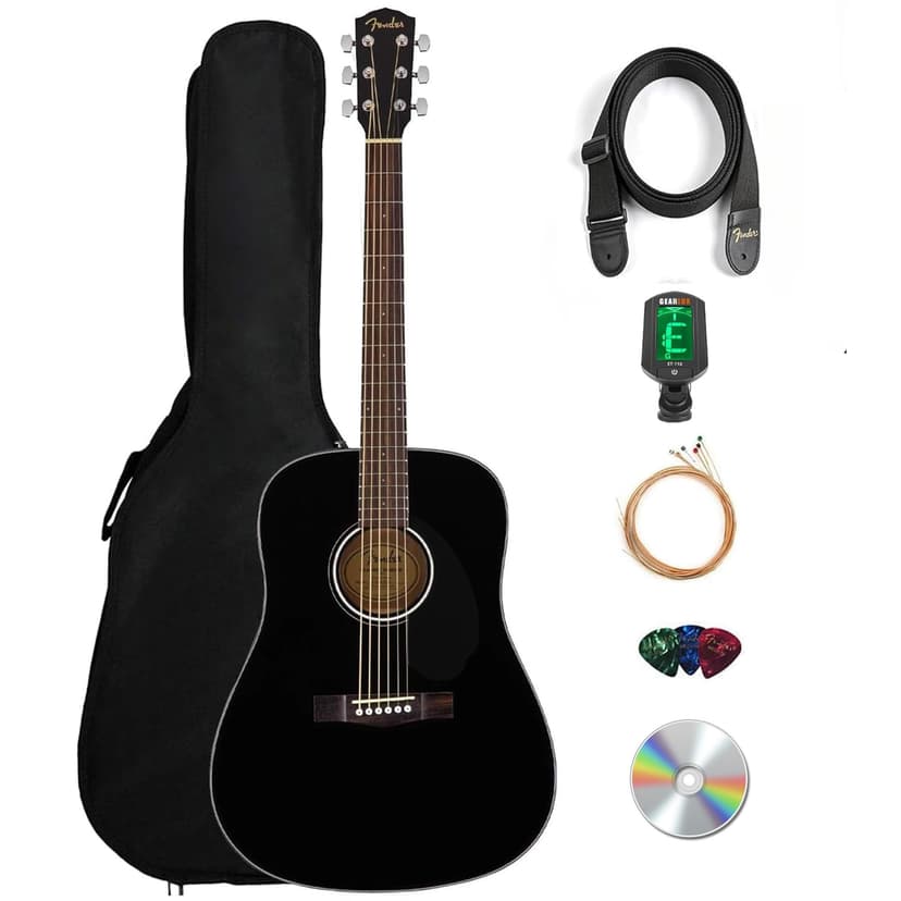 Fender CD-60S Solid Top Dreadnought Acoustic Guitar - Black Bundle with Gig Bag, Tuner, Strap, Strings, Picks, and Austin Bazaar Instructional DVD