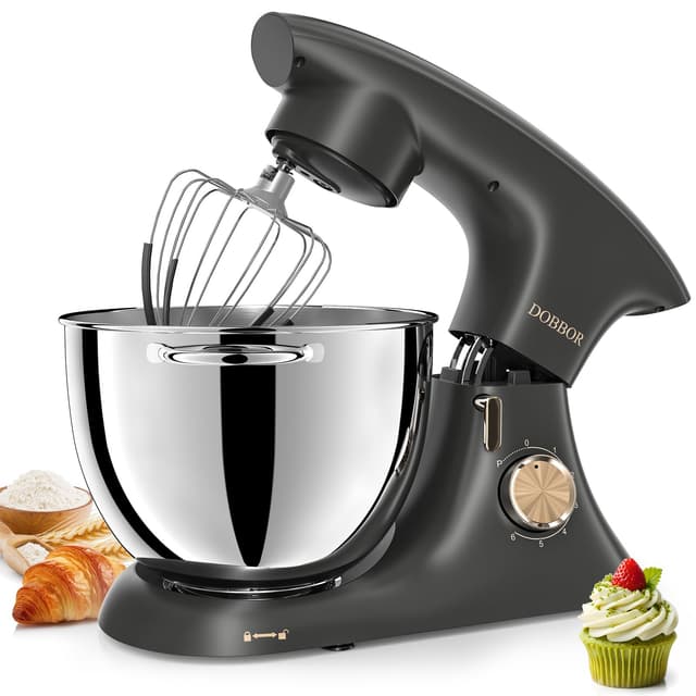 DOBBOR Stand Mixer,7.2-QT 6-Speed Tilt-Head Electric Stand Mixer,Kitchen Electric Mixer with Dough Hook, Wire Whip & Beater,Food Mixer for Baking, Cake and Most Home Cooks (Silver Gray)