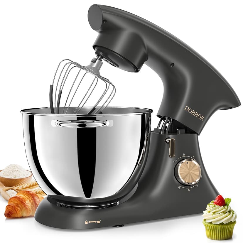 DOBBOR Stand Mixer,7.2-QT 6-Speed Tilt-Head Electric Stand Mixer,Kitchen Electric Mixer with Dough Hook, Wire Whip & Beater,Food Mixer for Baking, Cake and Most Home Cooks (Silver Gray)