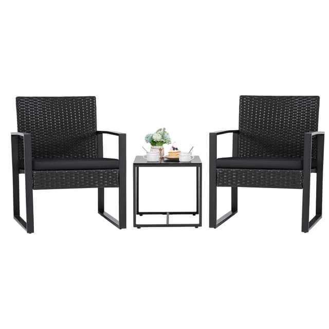 Flamaker 3 Pieces Outdoor Patio Wicker Furniture Set, Modern Rattan Chair Conversation Sets with Coffee Table for Yard and Bistro (Black)