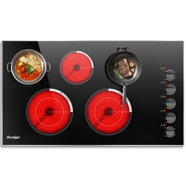 Cooksir 36 Inch Electric Cooktop - Built-in(34.25"x19.3") 5 Burner Electric Stove with 8400W High Power, 36" Large 5 Zones Radiant Ceramic Stove Knob Control, Residual Heat Indicator, 220V Hard Wired