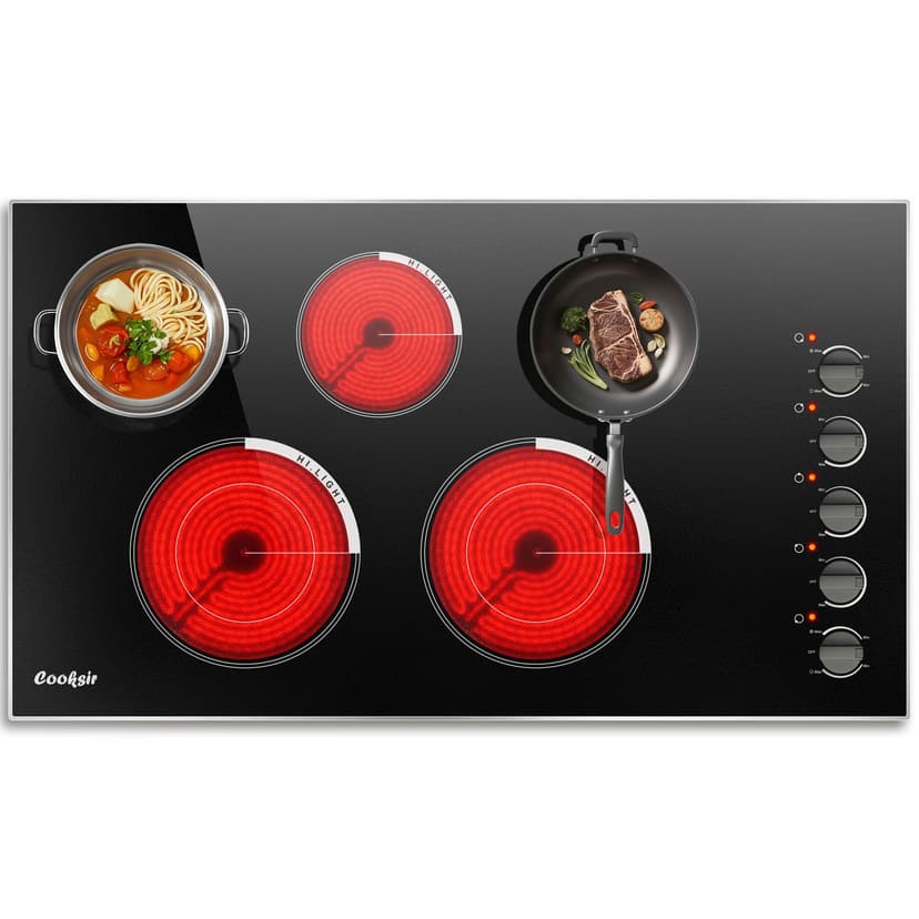 Cooksir 36 Inch Electric Cooktop - Built-in(34.25"x19.3") 5 Burner Electric Stove with 8400W High Power, 36" Large 5 Zones Radiant Ceramic Stove Knob Control, Residual Heat Indicator, 220V Hard Wired