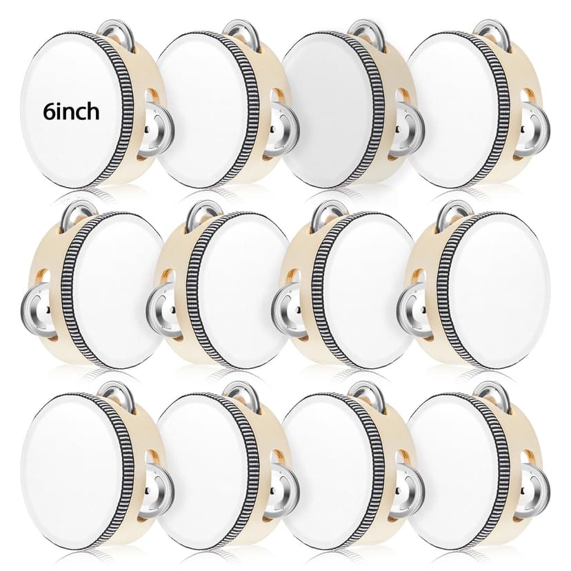 Lukmaa 12 Pcs Tambourine Drum Bulk for Adults Hand Held Percussion Gift Operation Christmas Bulk Items Wood Metal Jingles Musical Educational Drum Instrument for Church Wedding Party Games(White)