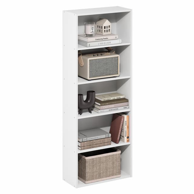 Furinno Basic Book Shelf, 5-Tier Bookshelf, Storage Organizer Bookcase with Open Shelf, 7 x 17 x 44, for Living Room, Bedroom, Home Office, White