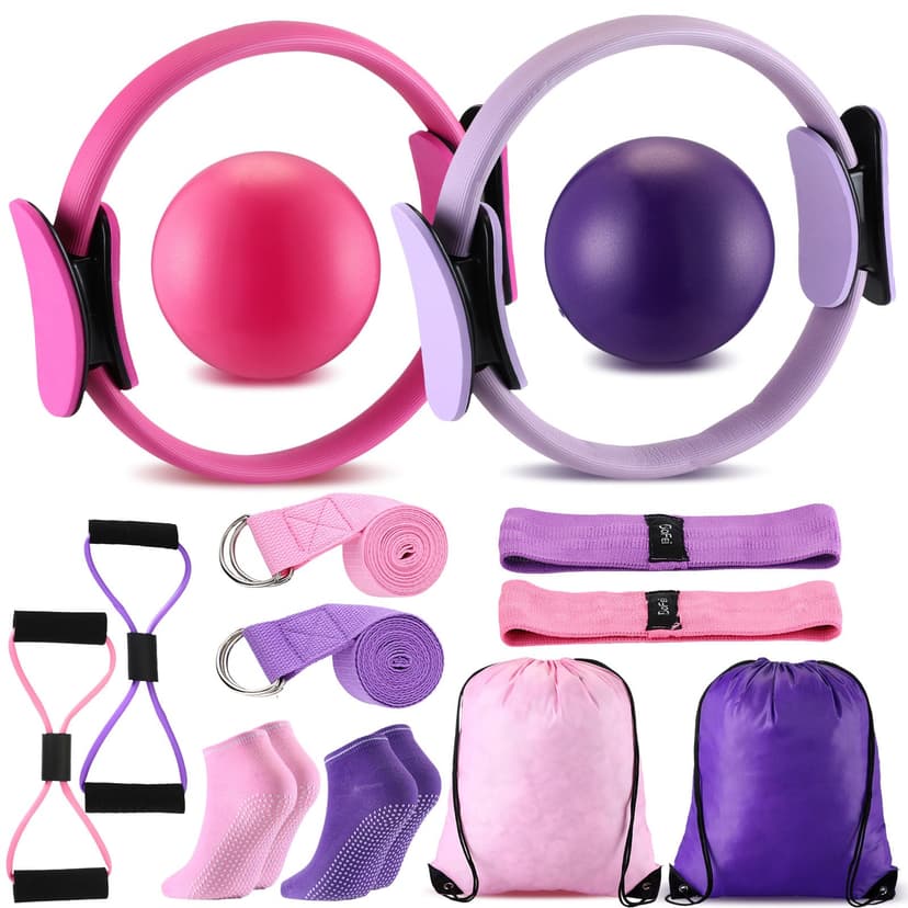 Poen 14 Pcs Pilates Equipment Kit for Home Workout Pilates Ring and Ball Set for Women 12'' Circle Yoga Fitness Essentials Kit with Resistance Bands, Yoga Strap, Socks,Bag (Purple,Pink)