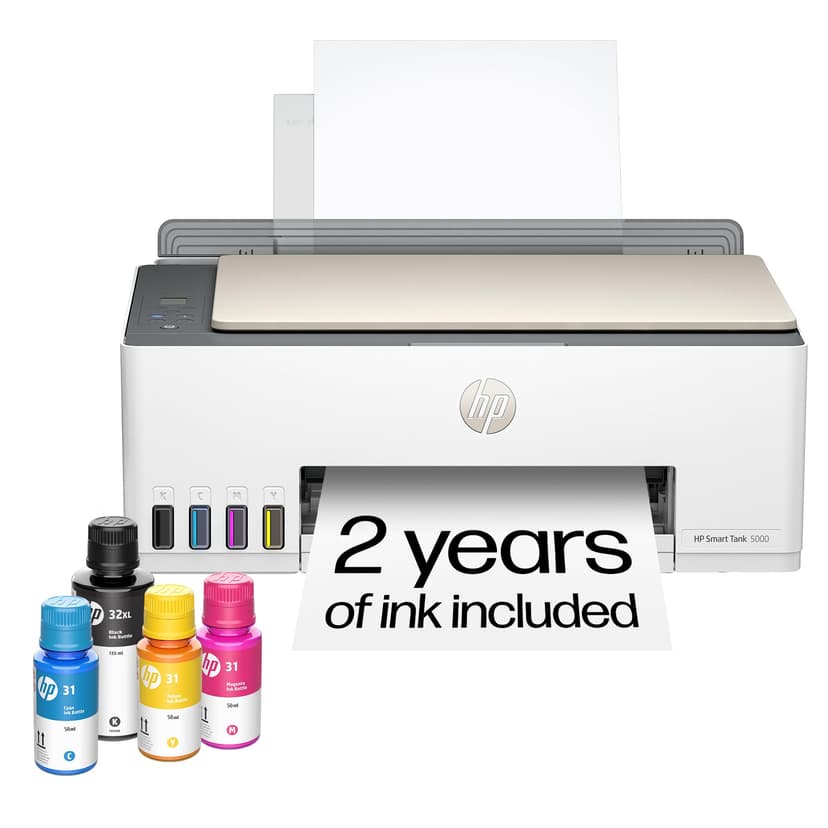 HP Smart Tank 5000 Wireless All-in-One Ink Tank Printer, Scanner, Copier with 2 Years of Ink Included, Best-for-Home, Cartridge-Free, Refillable, AI-Enabled, an EcoTank Alternative (5D1B6A)