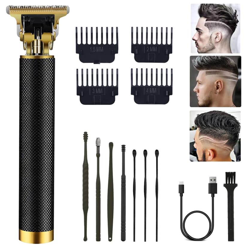 PXLISIE Professional Cordless Hair Clipper and Trimmer for Men, T Blade Zero Gapped Rechargeable Beard Shaver, Hair Cutting Kit With Ear Spoon Tool Set, Black