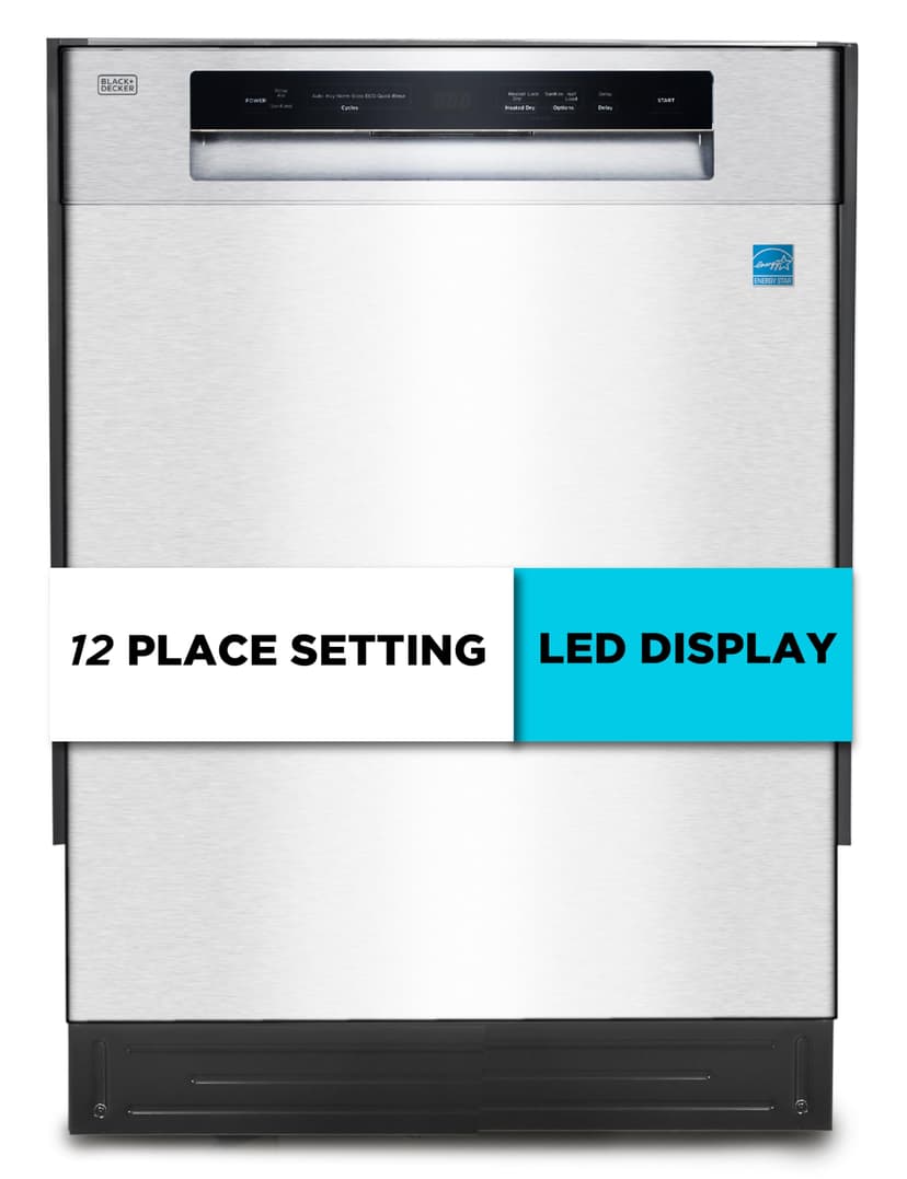 BLACK+DECKER 24" Built-In Dishwasher, 12-Place Setting Capacity with Stainless Steel Tub, Dish Washer with 5 Wash Programs and Smart Wash Cycle, ENERGY STAR Certified, BDW100MS, Stainless Steel