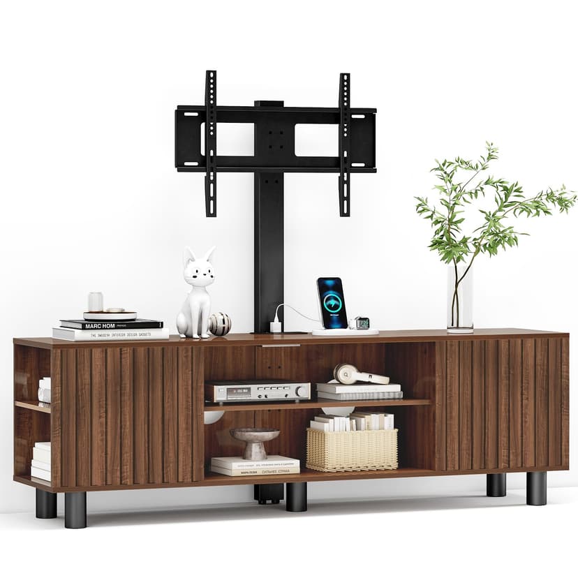Lamtor TV-Stand with Mount and Power Outlet, Fluted TV Stand for 65 70 75 Inch TV, Entertainment Center with Storage, Media Console Table for Living Room, Walnut