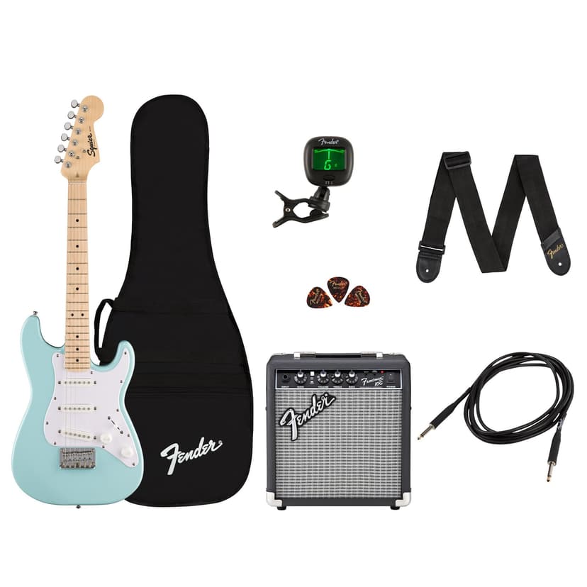 Fender Mini Stratocaster Electric Guitar Kit, Beginner Guitar Kit, with 2-Year Warranty, with Frontman 10G Amp, Padded Gig Bag, Strap, Cable, Tuner, and Picks, Daphne Blue
