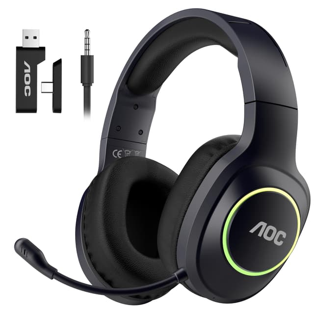 AOC Wireless Gaming Headphones with Bluetooth 5.4 & USB-C for PS5/4, Nintendo Switch, PC, Laptop, 2.4GHz Gaming Headset with Mic, 20ms Latency, 45H Playtime, 7.1 Virtual Surround- Glossy Black
