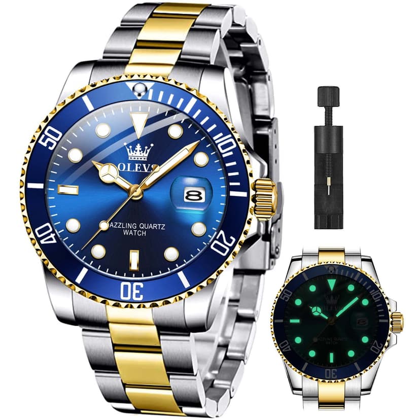 OLEVS Men Watch Gold Blue Watches for Men Waterproof Date Analog Quartz Luxury Casual Fashion Men's Wrist Watches Pro Diver Two Tone Men‘s Watch Dress Big Face Relojes para Hombres