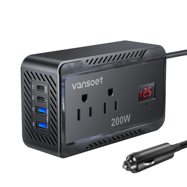 Vansoet 200W Car Power Inverter DC 12V to 110V AC Converter with [PD 30W & 15W] Fast Charging USB C/3.0A Dual USB Charging Ports, Car Outlet Adapter for Phone, Laptop on Road Trip (Black)