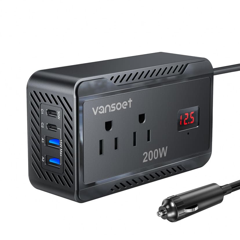 Vansoet 200W Car Power Inverter DC 12V to 110V AC Converter with [PD 30W & 15W] Fast Charging USB C/3.0A Dual USB Charging Ports, Car Outlet Adapter for Phone, Laptop on Road Trip (Black)