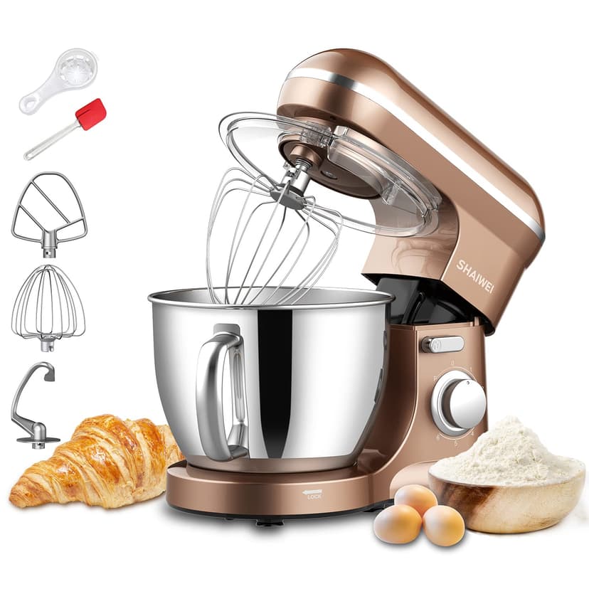 Kitchen Stand Mixer, 6.5 Quart, 6 Speed Tilt-Head Kitchen Mixer, Electric Food Mixer with Dough Hook, Wire Whip, Beater, Gold