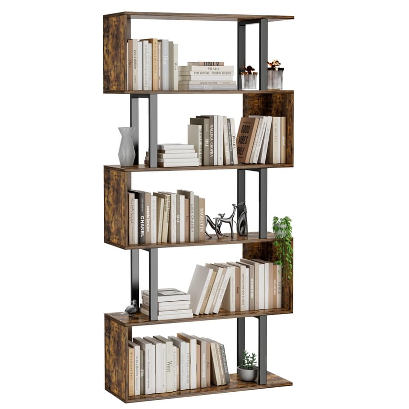 Gadroad 5-Tier Geometric Bookcase,S Shaped Bookshelf, Wood Decorative Storage Shelving, Modern Freestanding Display Shelves, Tall Book Shelf Unit for Living Room Bedroom, Rustic Brown