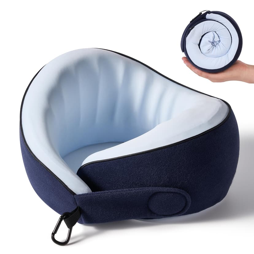 KPNEOL Travel Pillow, 100% Pure Memory Foam Travel Neck Pillow Airplane Neck Support Ergonomic Design for Traveling Suitable for Airplanes,Offices and Cars-Cooling Silk Blue