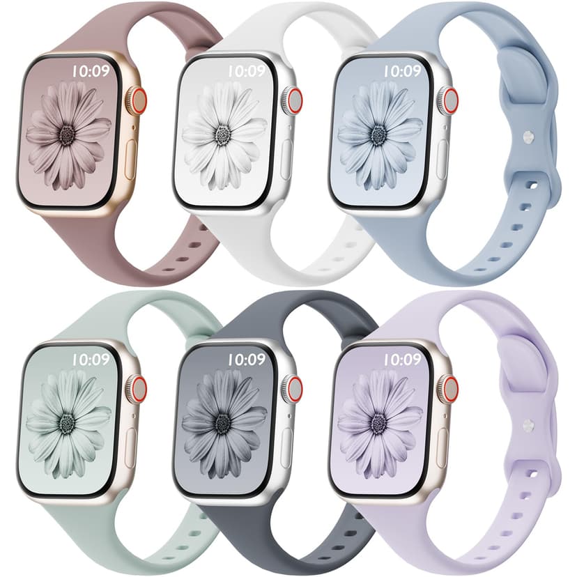 6 Pack Thin Bands Compatible with Apple Watch Band 38mm 40mm 41mm 42mm 44mm 45mm 46mm 49mm Women Men, Sport Silicone Strap Slim Wristband for iWatch Series 11 10 9 8 SE 7 6 5 4 3 2 1 Ultra