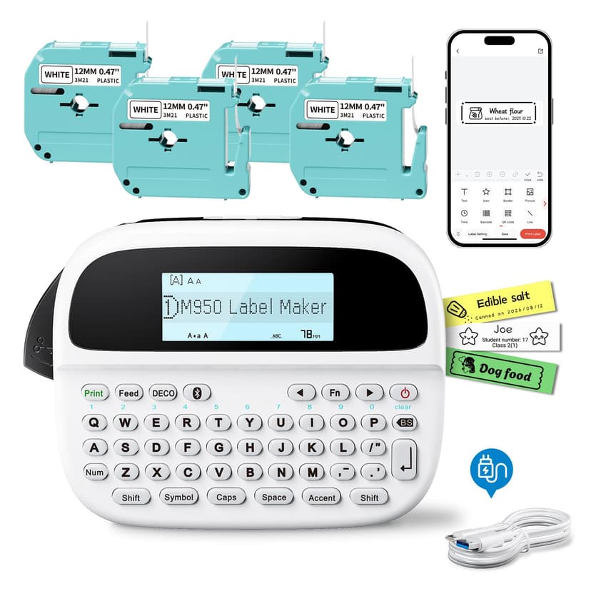 Label Maker Machine with 4 Tapes, M950 Rechargeable Backlit Portable Labelmaker, Inkless 12mm Label Printer for Pantry Organizer, Waterproof Removable Freezer Food-Labels for Jars/Containers/Bottle
