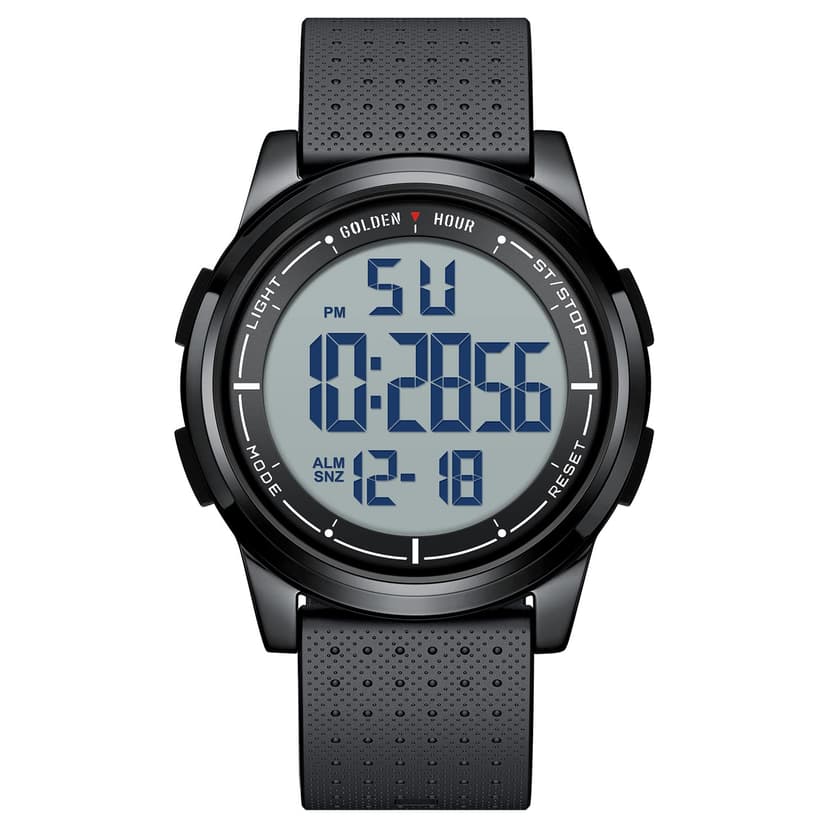 GOLDEN HOUR Ultra-Thin Minimalist Sports Waterproof Digital Watches Men with Wide-Angle Metal Case Bright Display Rubber Strap Wrist Watch for Men Women in Black
