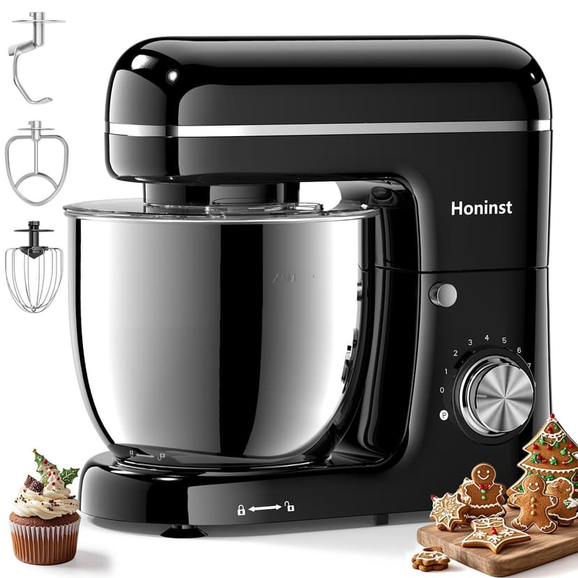 Honinst Stand Mixer, 3-In-1 8-Speed 660W 6.5QT Tilt-Head Food Electric Mixers with Bowl, Dough Hook, Whisk and Beater, Kitchen Mixer for Baking, Cake and Most Home Cooks, Black