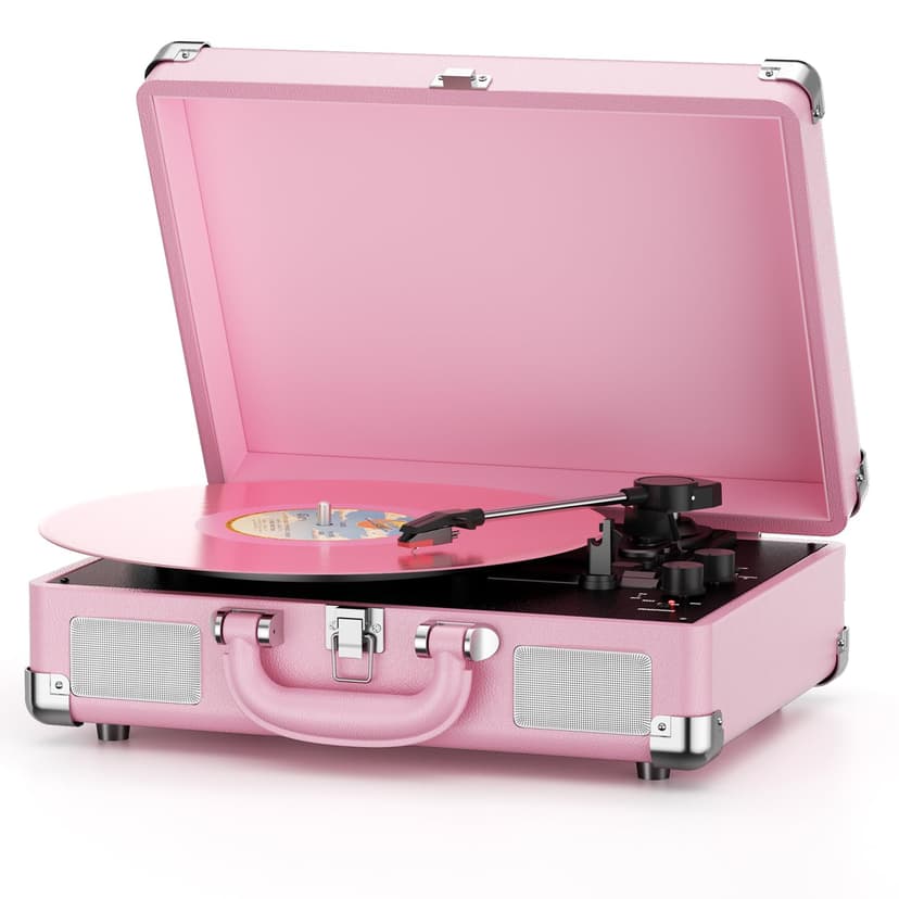 Vinyl Record Player 3-Speed Bluetooth Suitcase Portable Belt-Driven Record Player with Built-in Speakers RCA Line Out AUX in Headphone Jack Vintage Turntable,Pink