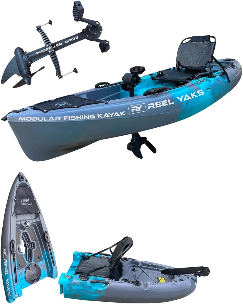 Reel Yaks Raptor Modular Fishing Kayak - Propeller Drive, 9.5ft, 380 lbs Capacity, Cyan Gray - Pedal Fishing Kayaks for Adults & Youth, Sit on Top, Compact Storage, Lightweight, Easy Transport