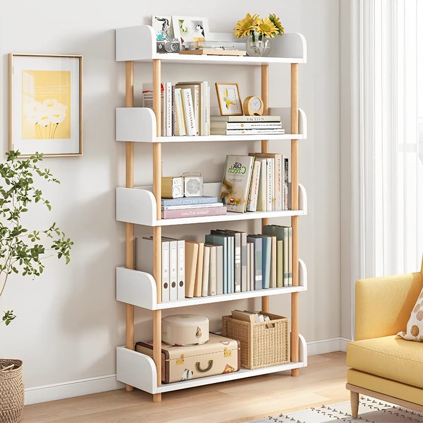 OSCHF 5-Tier Wooden Open Bookcase - Modern Display Bookshelf with Top Edge and Solid Wood Frame for Home and Office, Storage Cabinet, Warm White
