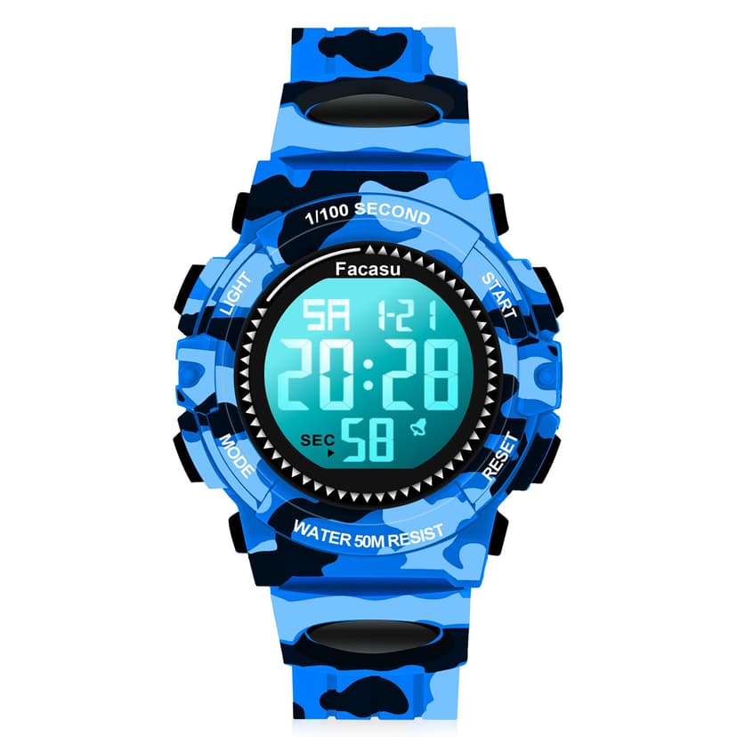 Facasu Camo Sports Watch for Boys-50M Waterproof Kids Teen Boys Digital Watch with Alarm&Snooze,Stopwatch Military Design Silicone Band Gift for Boys-8+ Years Old(Camo Blue)