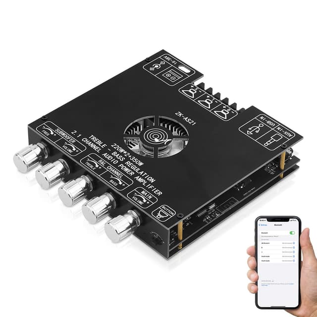 Bluetooth 5.1 Audio Amplifier Board, ZK-AS21 2.1 CH 220W x 2 + 350W HiFi Subwoofer Power Amp Mini Digital Audio Amp Module for Home Speakers(30-220W, 3-8Ohms), DC 16-38V, BT USB AUX Input