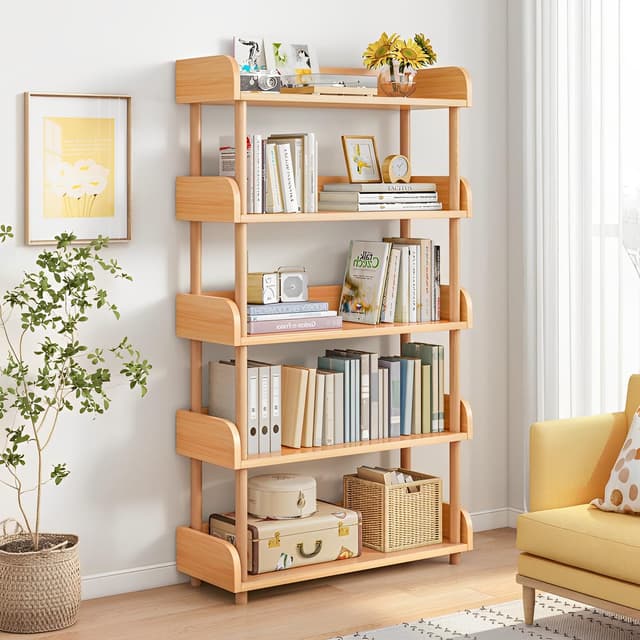 OSCHF 5-Tier Wooden Open Bookcase - Modern Display Bookshelf with Top Edge and Solid Wood Frame for Home and Office, Storage Cabinet, Oak