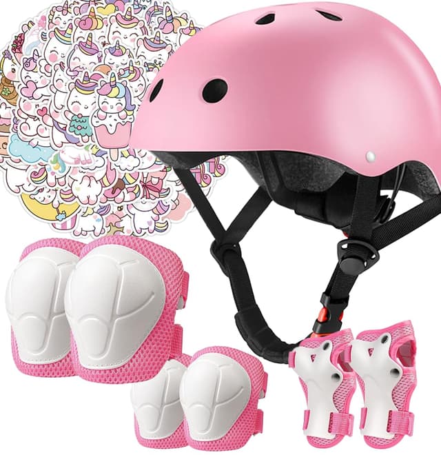 Kids Bike Helmet Pads with Knee Elbow Wrist Pads Guards,Toddler Adjustable Pink Helmet Girls Child with Unicorn Sticker